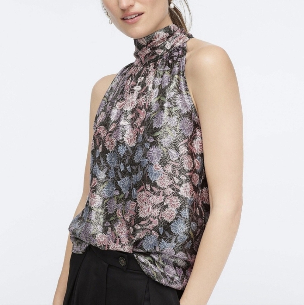 J. Crew Collection Tie Neck Top Shimmer Floral Jacquard Silk Blend 3xl Holiday
